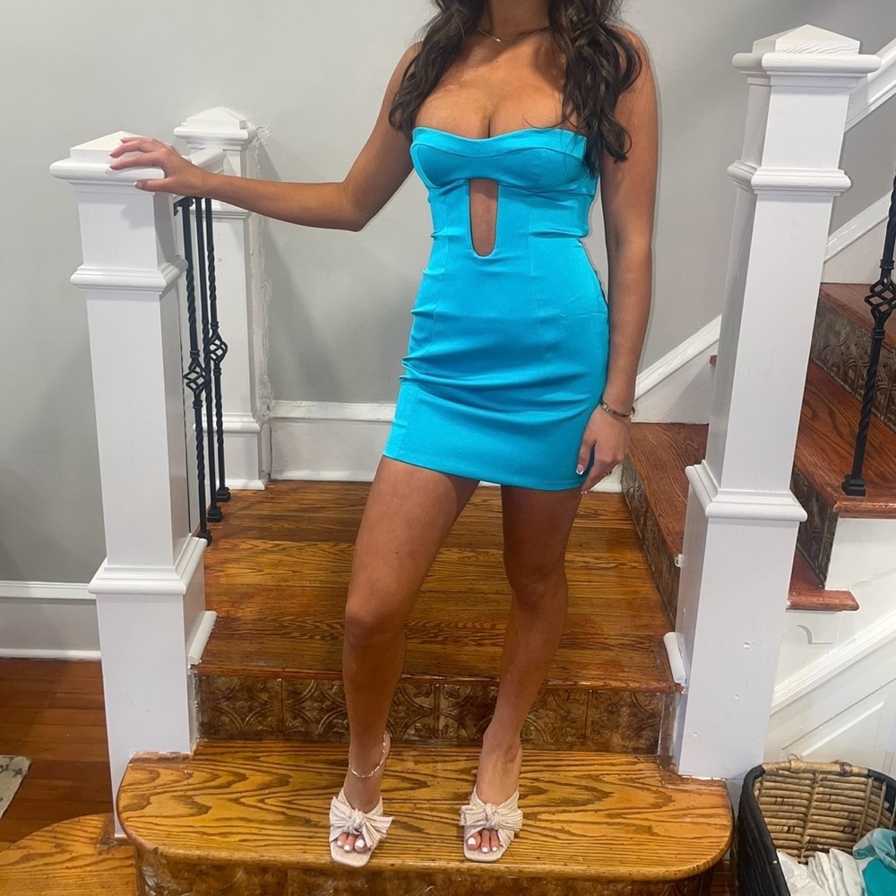 Oh Polly Turquoise Strapless Cutout Mini Dress